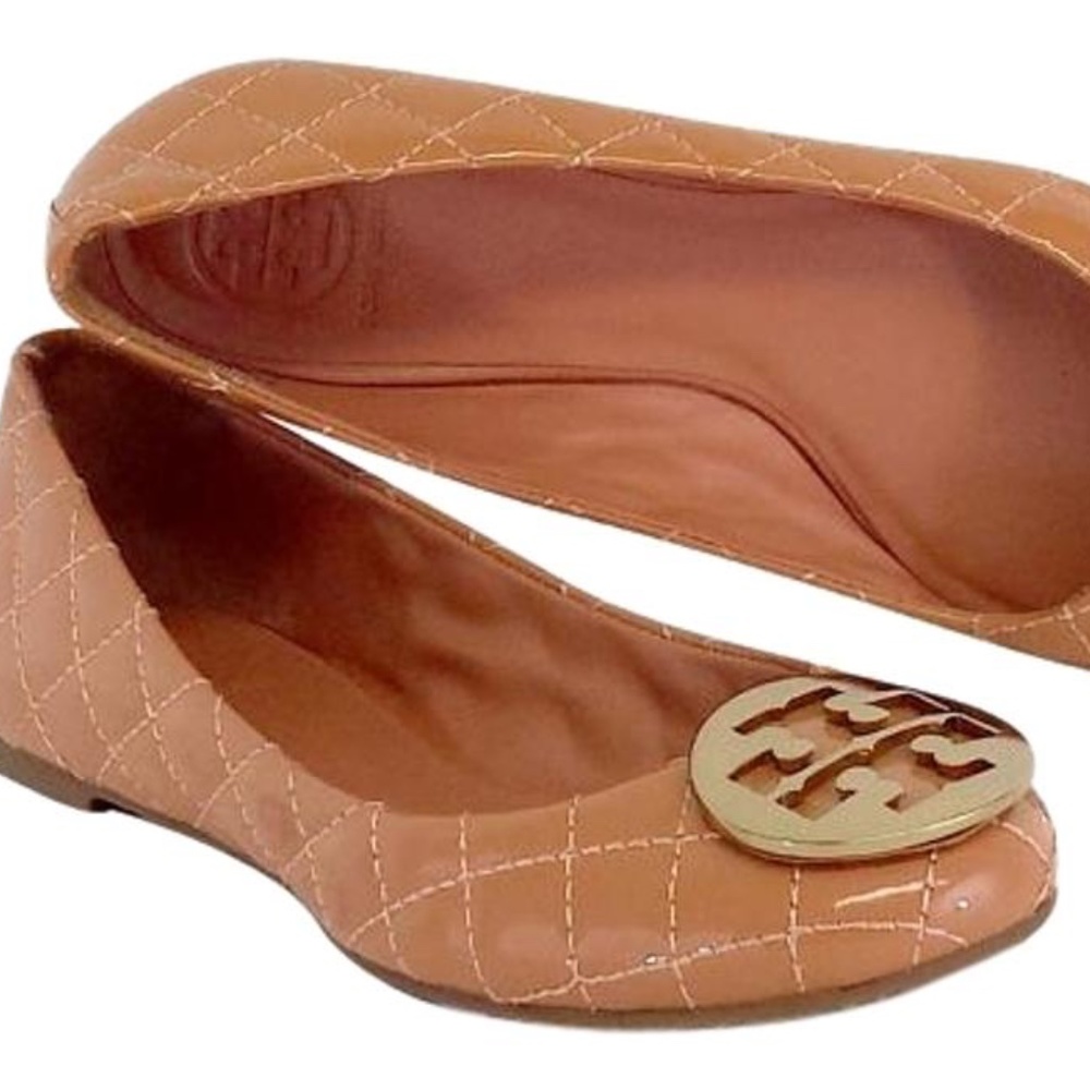 Tory Burch Reva Peach Quilted Patent. Leather Flat